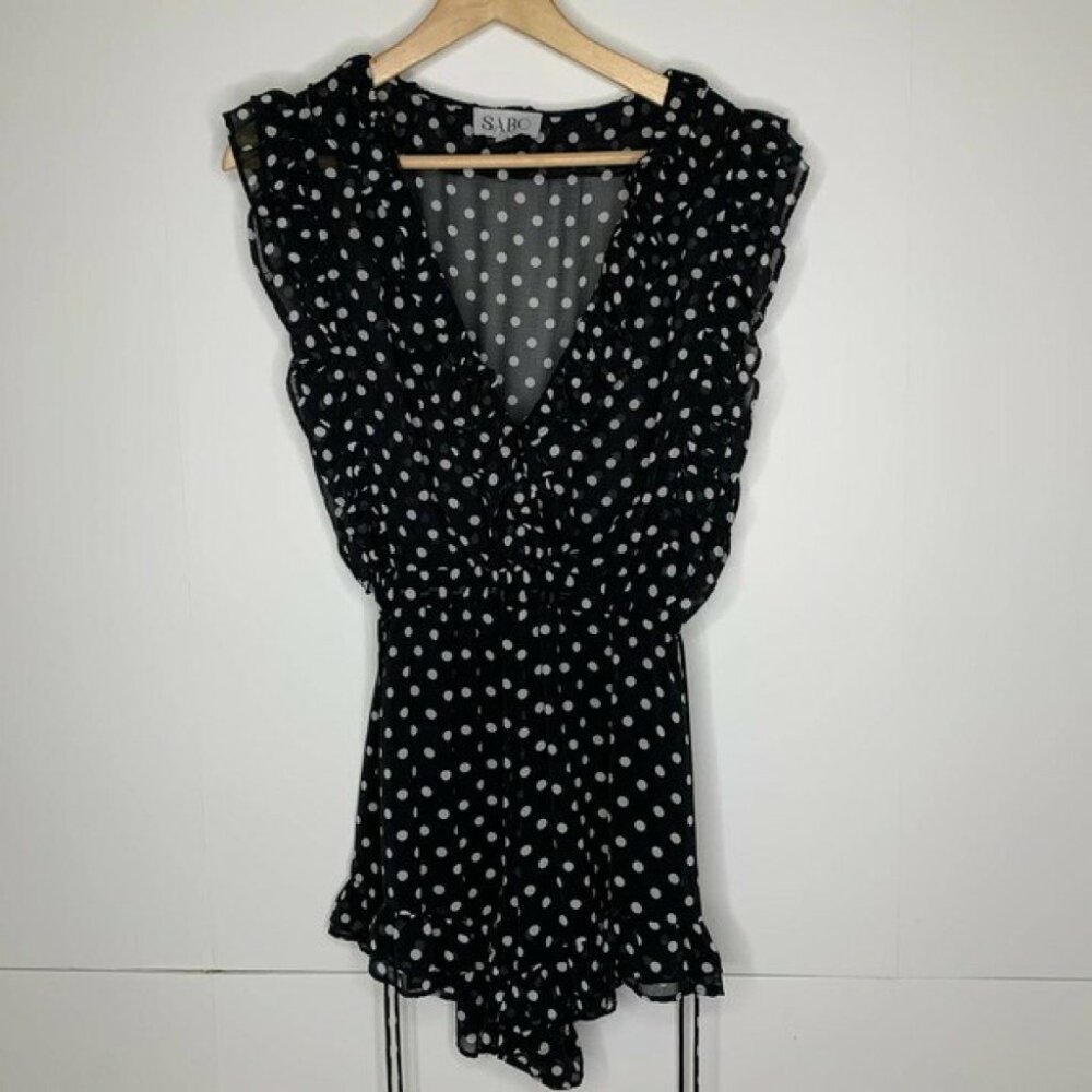 SABO SKIRT Eryka Speck Polka Dot Ruffle Sleeveless V Neck Romper Onesie Playsuit - Picture 4 of 10